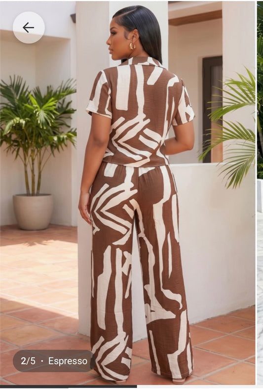 Zuri Printed Pants Set - Brown